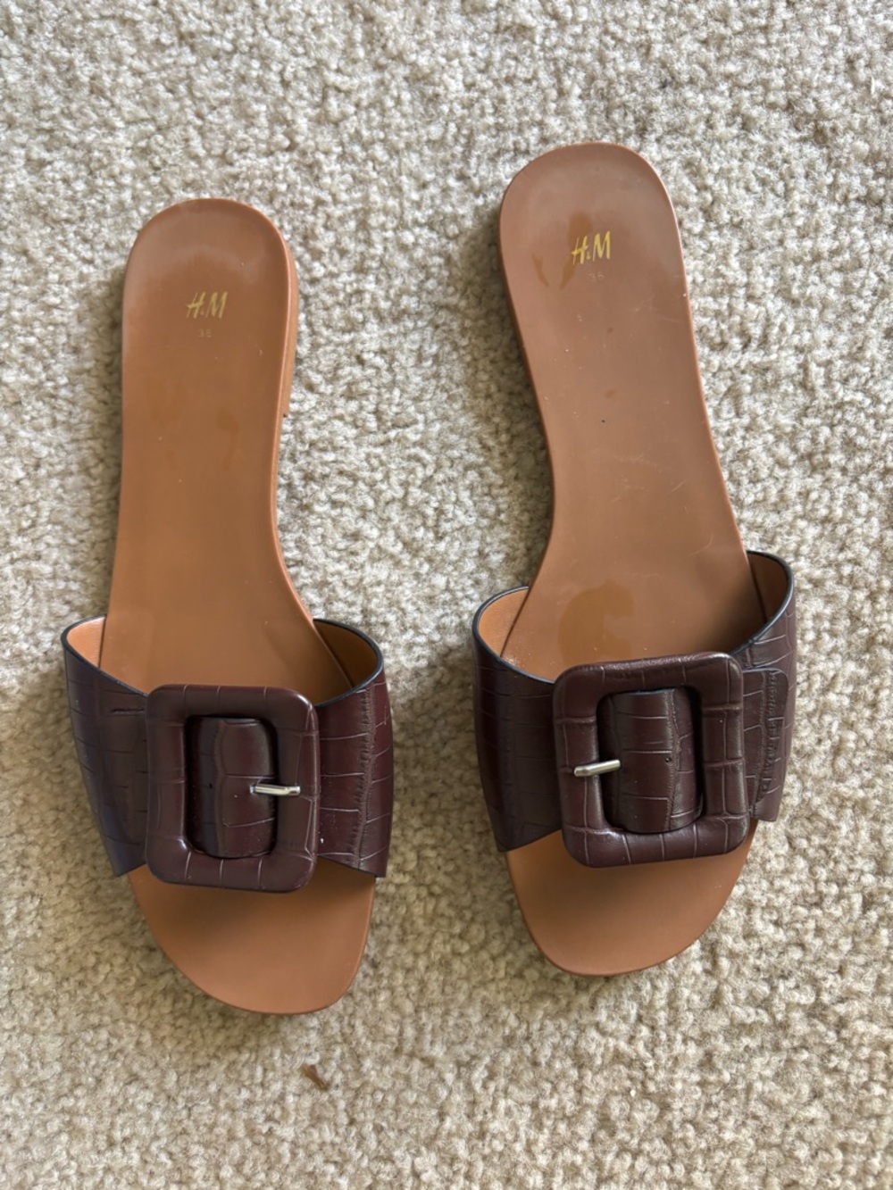 H&M Dark Brown Croc-Embossed Buckle Slide Mules